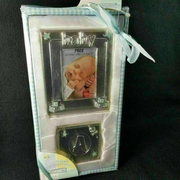 Baby Boy Silver Plated Keepsake Set Photo Frame and‎ Block Blue Gift Box New - Picture 1 of 8